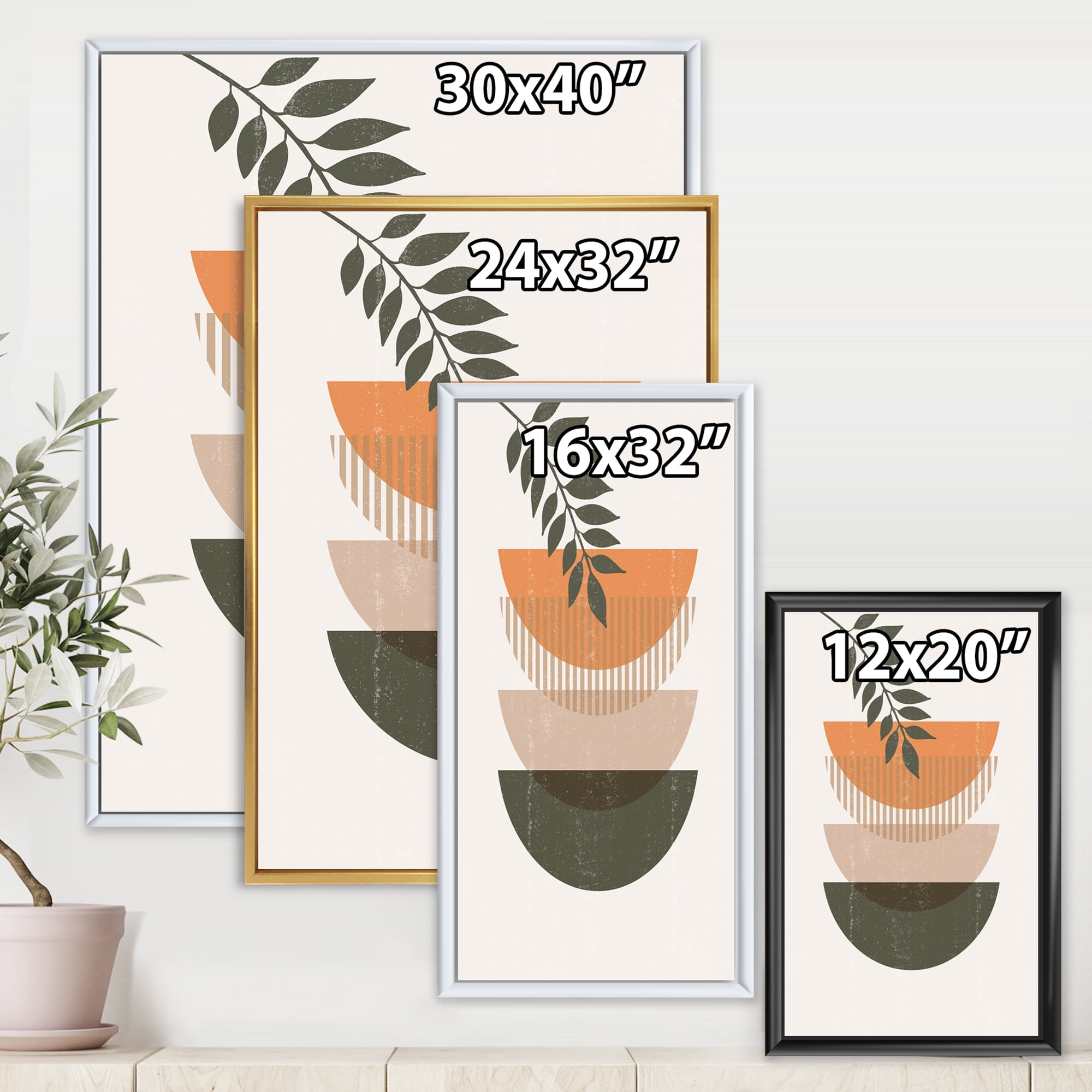 Designart 'Abstract Geometrical Moon and Sun With Leaf II' Modern Framed Canvas Wall Art Print