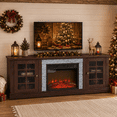 thumbnail image 2 of PAPROOS 70" Fireplace TV Stand for TVs up to 75", Farmhouse Entertainment Center with 23" Electric Fireplace, Faux Stone Media Console with Glass Doors and Adjustable Shelves, Cherry, 2 of 10