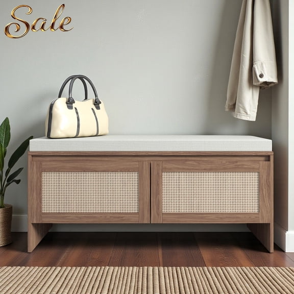 GZXS Modern Rattan Shoe Storage Bench with Linen Cushioned Seat, 39.4" Wooden Entryway Bench with 2 Doors, Easy Assembly, Antique Natural