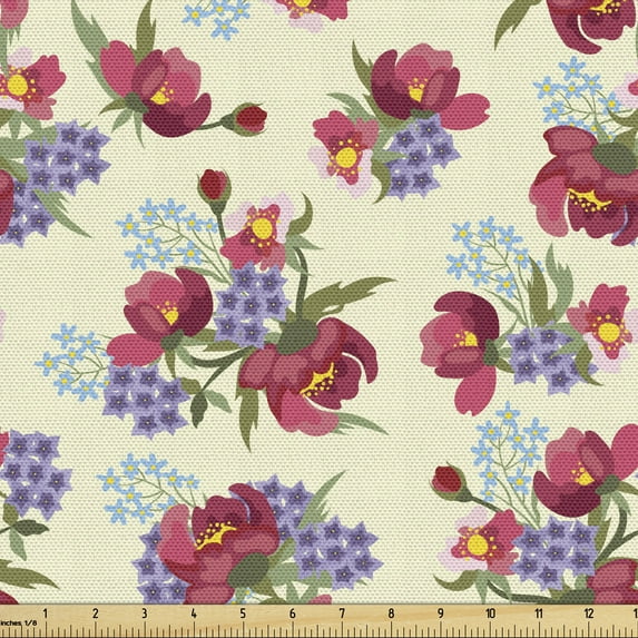 Botanical Fabric by the Yard Upholstery, Flower Branches of Shabby Garden Peony Petunia Blossoms English Garden, Decorative Fabric for DIY and Home Accents, Cream and Multicolor by Ambesonne