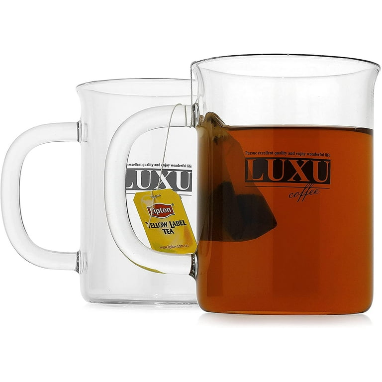 Luxu Glass Coffee Mugs Set of 4 Large Wide Mouth Mocha Hot Beverage Mugs (14oz) Clear Espresso Cups with Handle Lead-Free Drinking Glassware Perfect