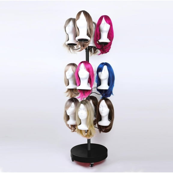 Ztysn Hair Wig Rack Holder for Multiple Wigs 12 Mannequin Head,Round Base Wig Styling Stand Display Organizer Shelf for Store Home,Metal/Black,Patent Protected