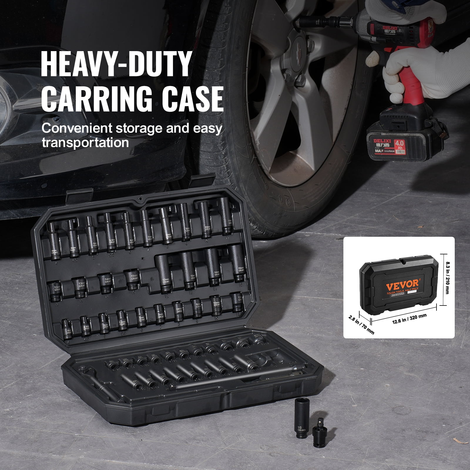 VEVOR Drive Impact Socket Set 1/4" - 55 Piece Deep & Shallow Socket Set SAE 5/32"-9/16" and Metric 4-15mm - 6 Point CR-V Alloy Steel for Auto Repair - Easy-to-Read Size Markings - Storage Case