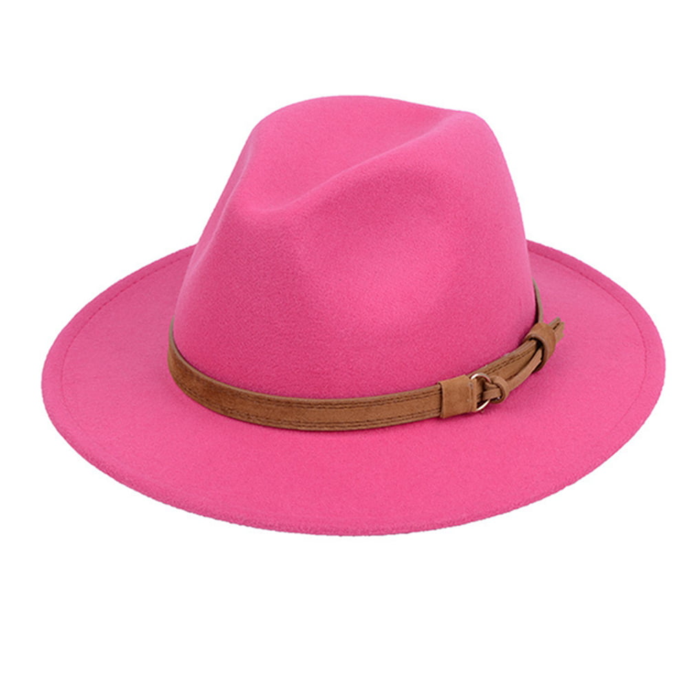 Unisex Wide Brim Fedora Hat Belt Buckle Wool Trilby Hat Classic Jazz Cap