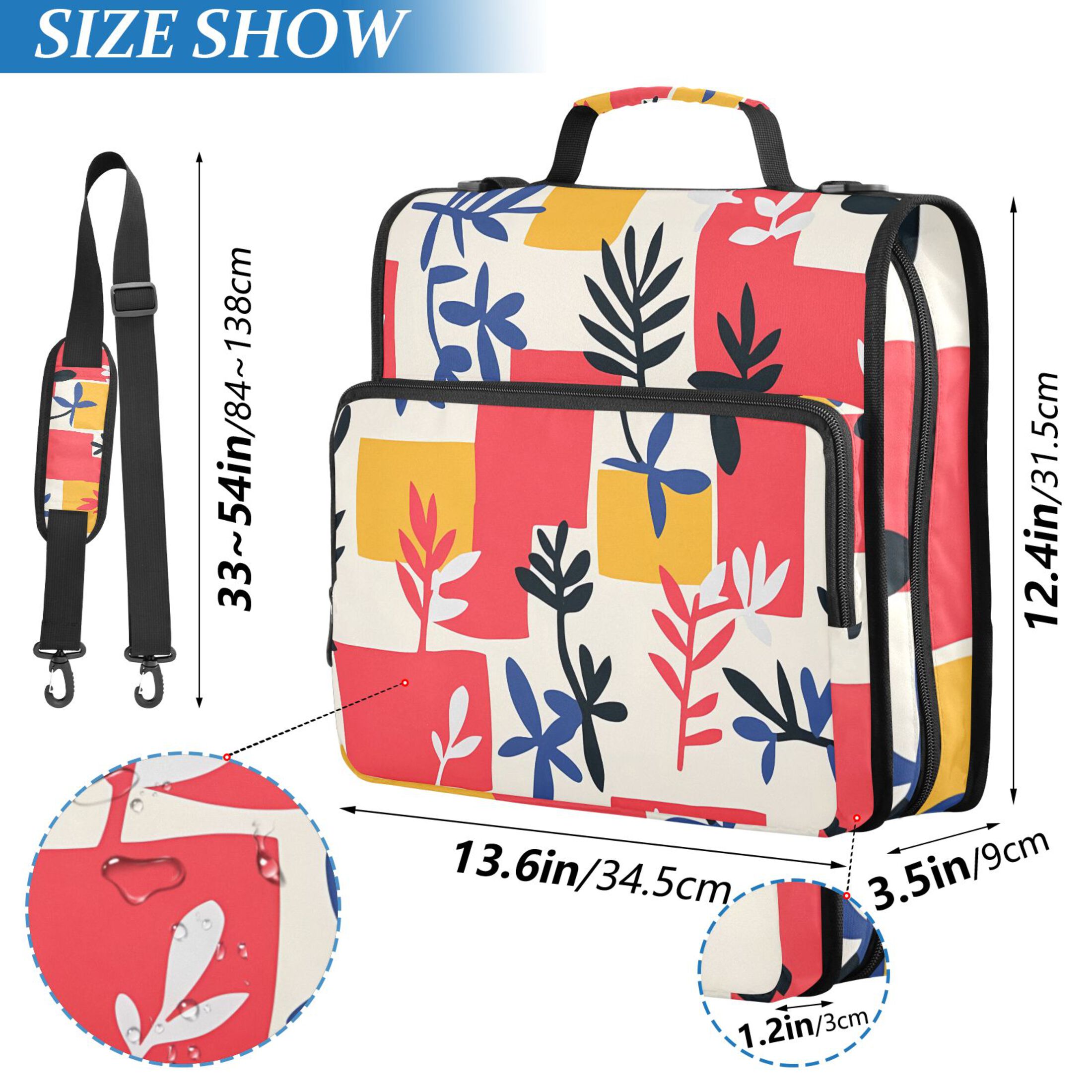 3 Ring Zipper Binder with Shoulder Strap Waterproof Trapper Keeper 2 Inch D-Ring 500 Sheets Capacity Colorful Plants and Squares