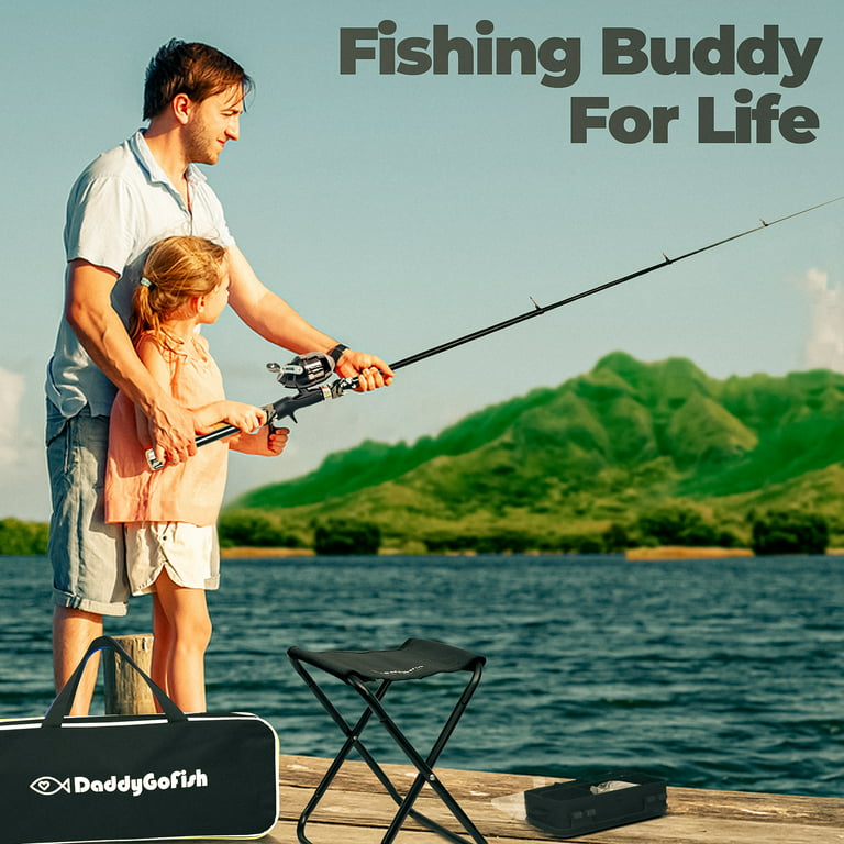 DaddyGoFish Kids Fishing Pole Telescopic Rod & Reel Combo with Collapsible Chair, Rod Holder, Tackle Box, Bait Net and Carry Bag for Boys and Girls