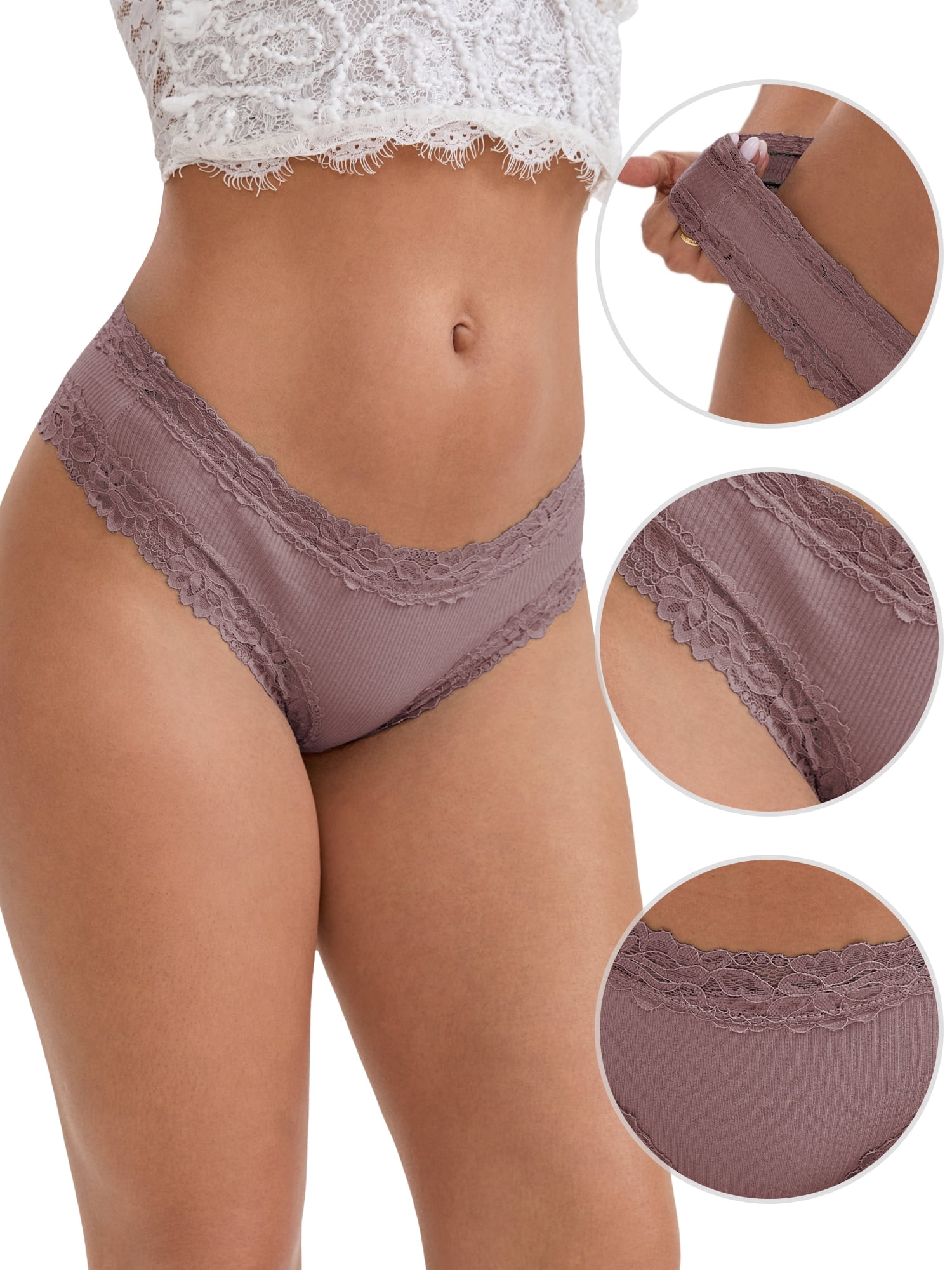 DARING DIVA Women's Lace Trim Cotton Ribbed Hipster Mid Waisted Panty M Khaki