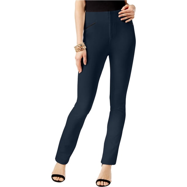 INC Pantalones casuales con ribete de piel sintética para mujer, azul, 2 estándar