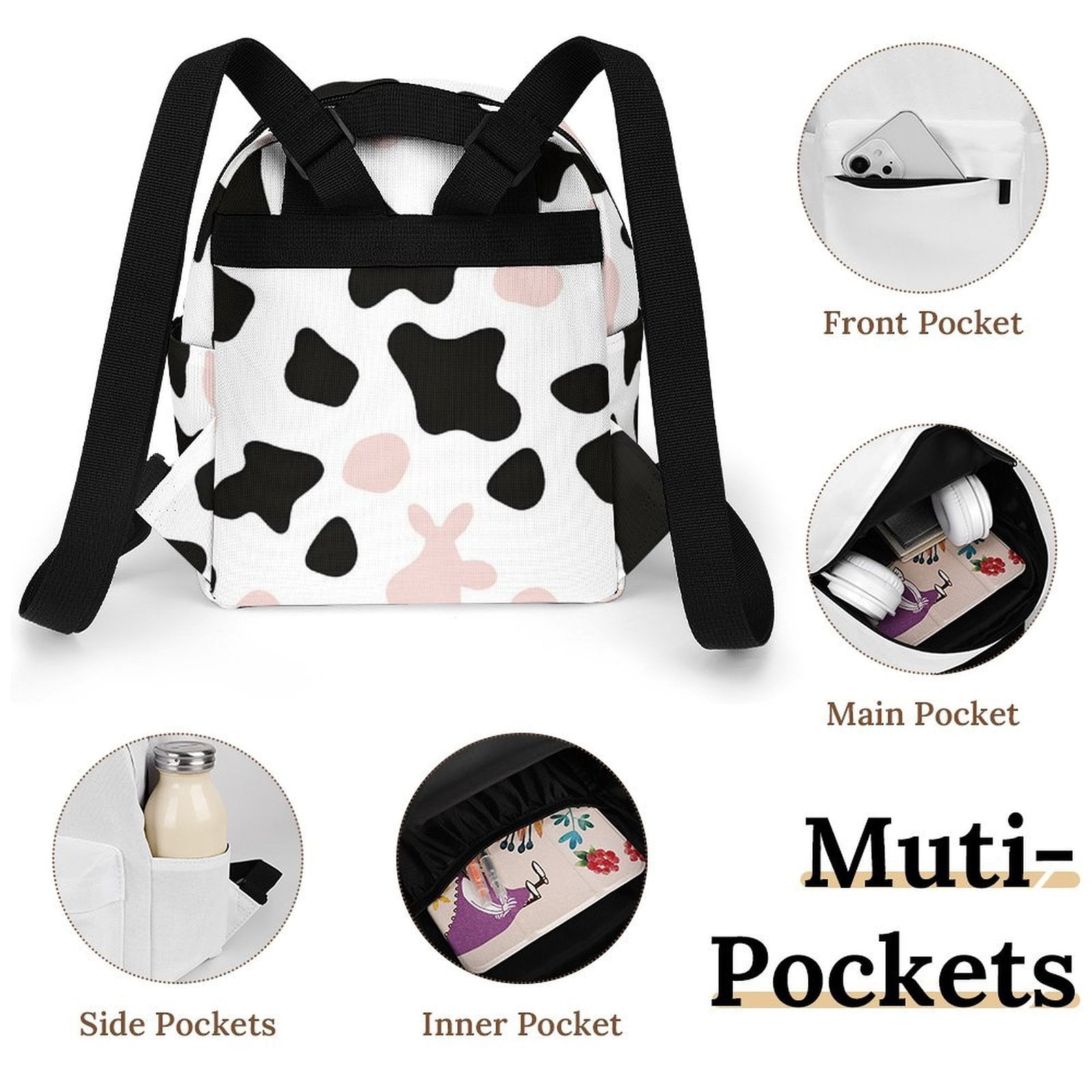 8.1×10in Casual Women'S Backpack With Anti-Contraction And Stretch For Sports Activities Travel Picnics Simple Cow Print Pattern White Background, Pink And White_3
