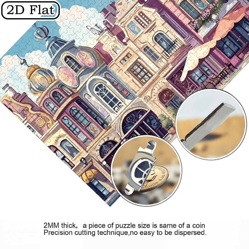 A set of 1000 intricate "colorful European street scenes" jigsaw puzzles, suitable for adults and playable by multiple players.