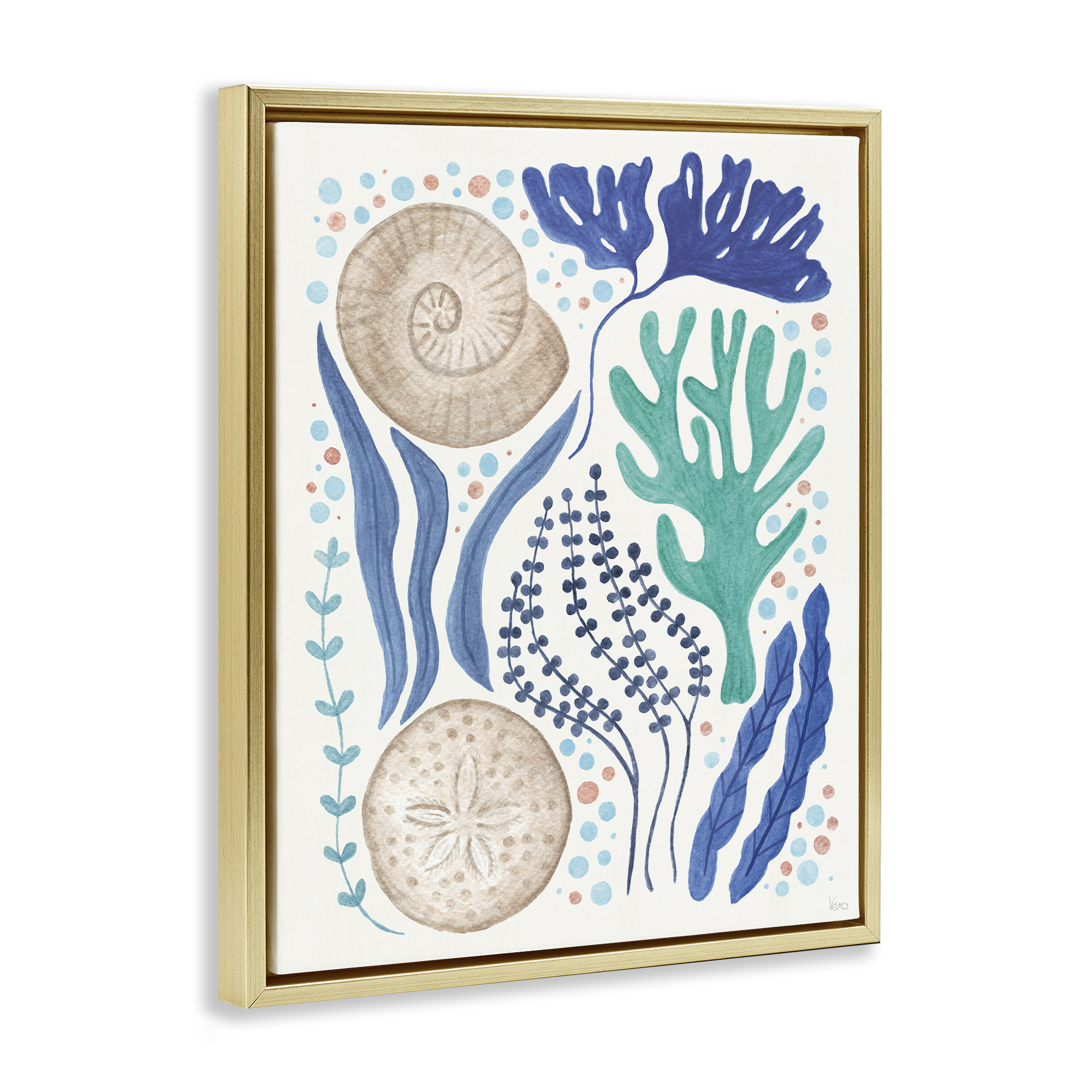 Stupell Industries Scattered Marine Life Nautical & Beach Painting Gold Floater Framed Canvas Art Print Wall Art, 25 x 31