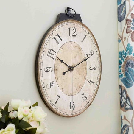 French Country Oval Wall Clock for Living Room Decor, Rustic Farmhouse Wall Clock Decorative, Solid Wood Frame with Iron Hanging Ring, Silent Non-Ticking Battery Operated