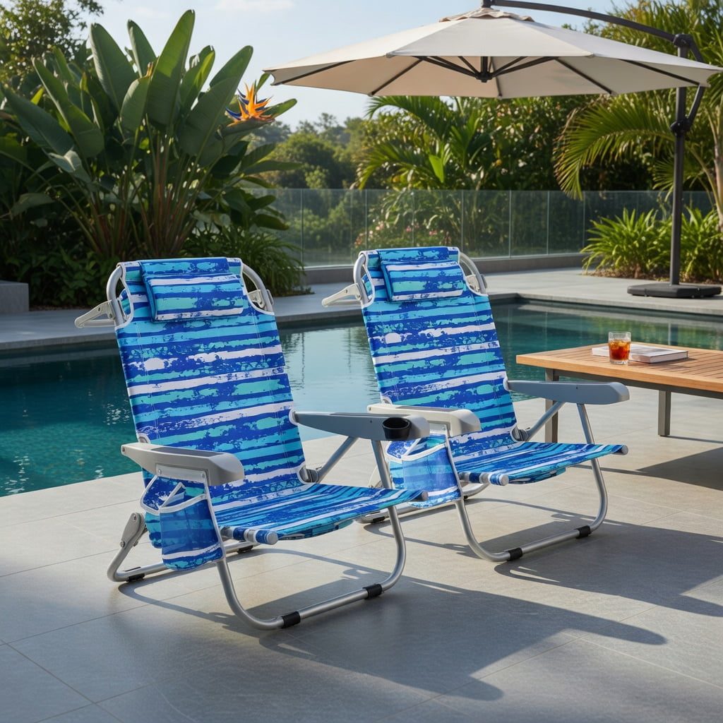 Hommoo Foldable Beach Chair with Cup Holder & Storage Pockets, Lightweight Aluminum Frame, Adjustable Backrest, Navy