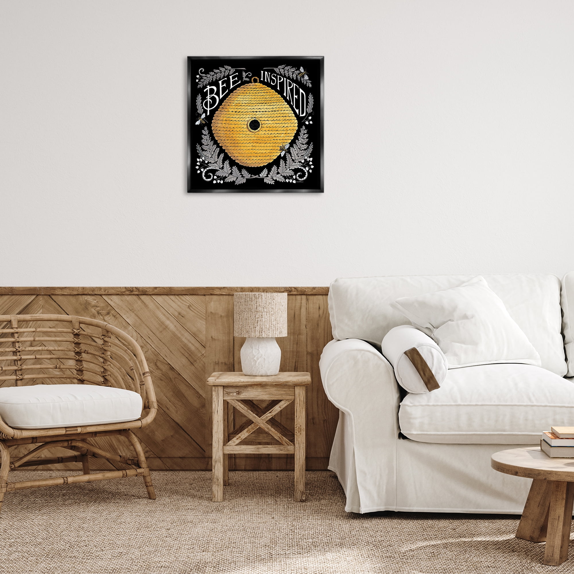 Stupell Industries Bee Inspired with Hive Plants & Flowers Painting Black Floater Framed Canvas Art Print Wall Art, 25 x 25