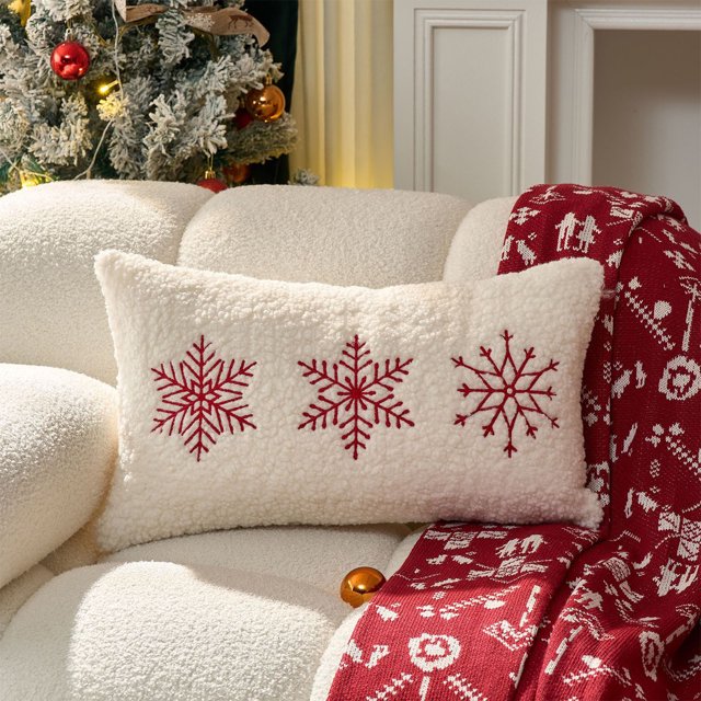 Adornos navideños, regalos navideños, almohada bordada navideña, copo de nieve rojo, funda de cojín bordada navideña, funda de almohada para sala de estar, sofá, dormitorio, decoración navideña, funda