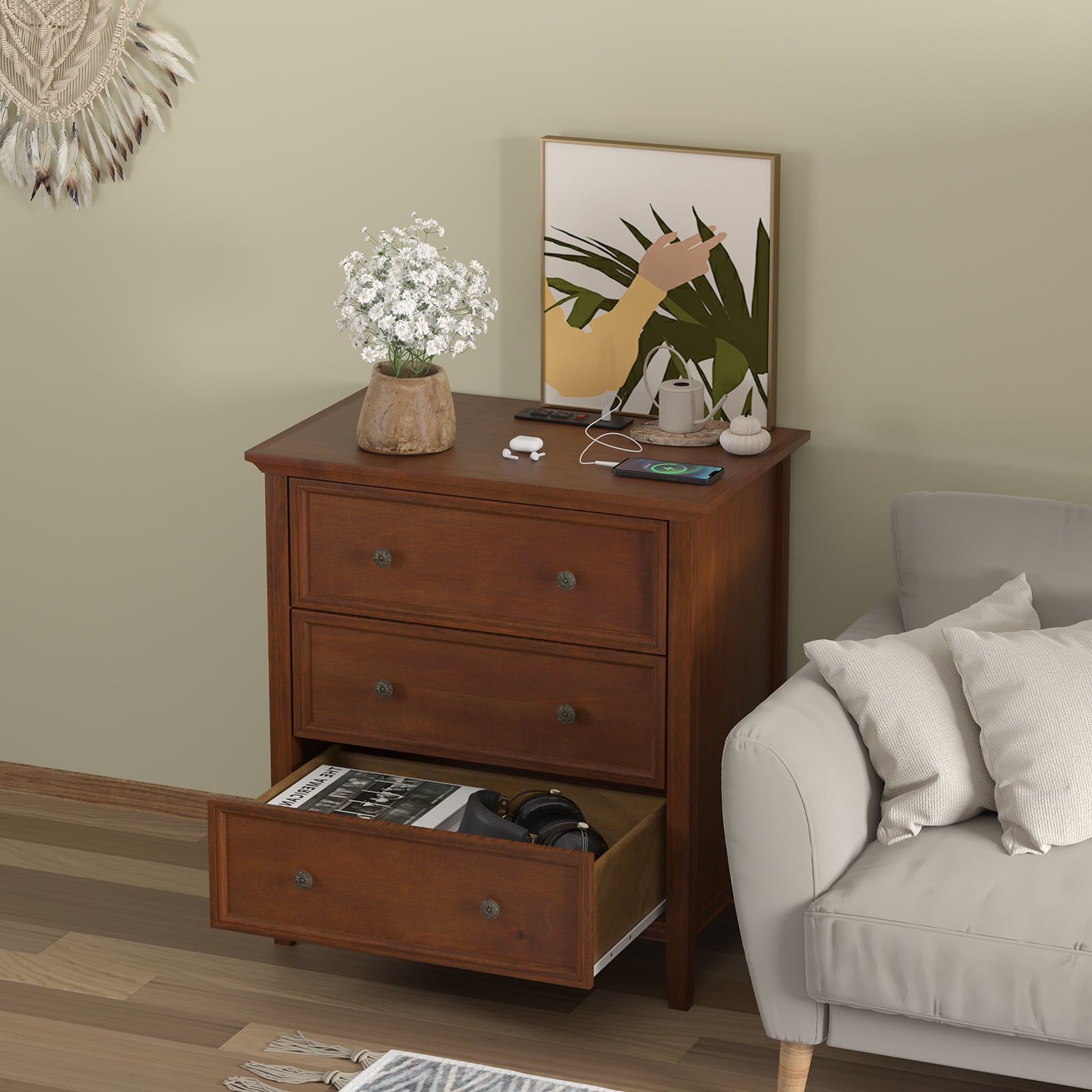 IKENO Nightstand with 3 Drawers & Charging Station, Caramel