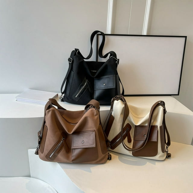 Bolso Bandolera Beige de Gran Capacidad | Mochila | Lona y Piel Sintética | 35 X 31 X 13 Cm | Bolso Multiusos