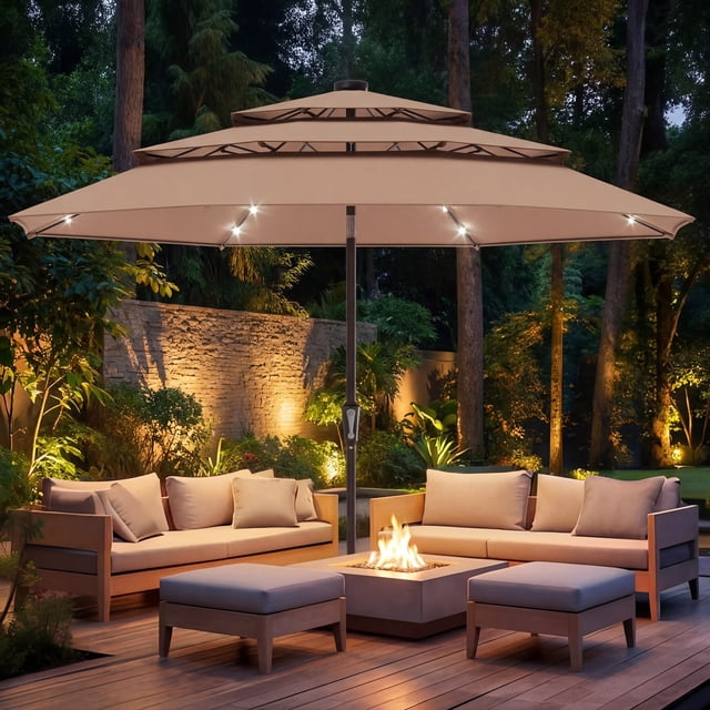 LAUSAINT HOME 10ft Solar LED Patio Umbrella, 3-tier Outdoor Umbrellas for Patio Pool Deck Market, Beige