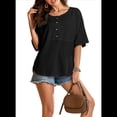 thumbnail image 3 of Blusas de Punto Gofre para Mujer, Moda 2025, Blusas de Patchwork Extragrandes con Cuello Redondo y Mangas 3/4, Color Negro M, 3 of 6