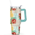 thumbnail image 2 of 40oz Pioneer Patchwork Tumbler with Handle Lid and Straw,Bohemian Style Stitching Colorful Floral Vintage Tumblers Gifts for Women Girls Men Adults（Greenish-blue）, 2 of 7