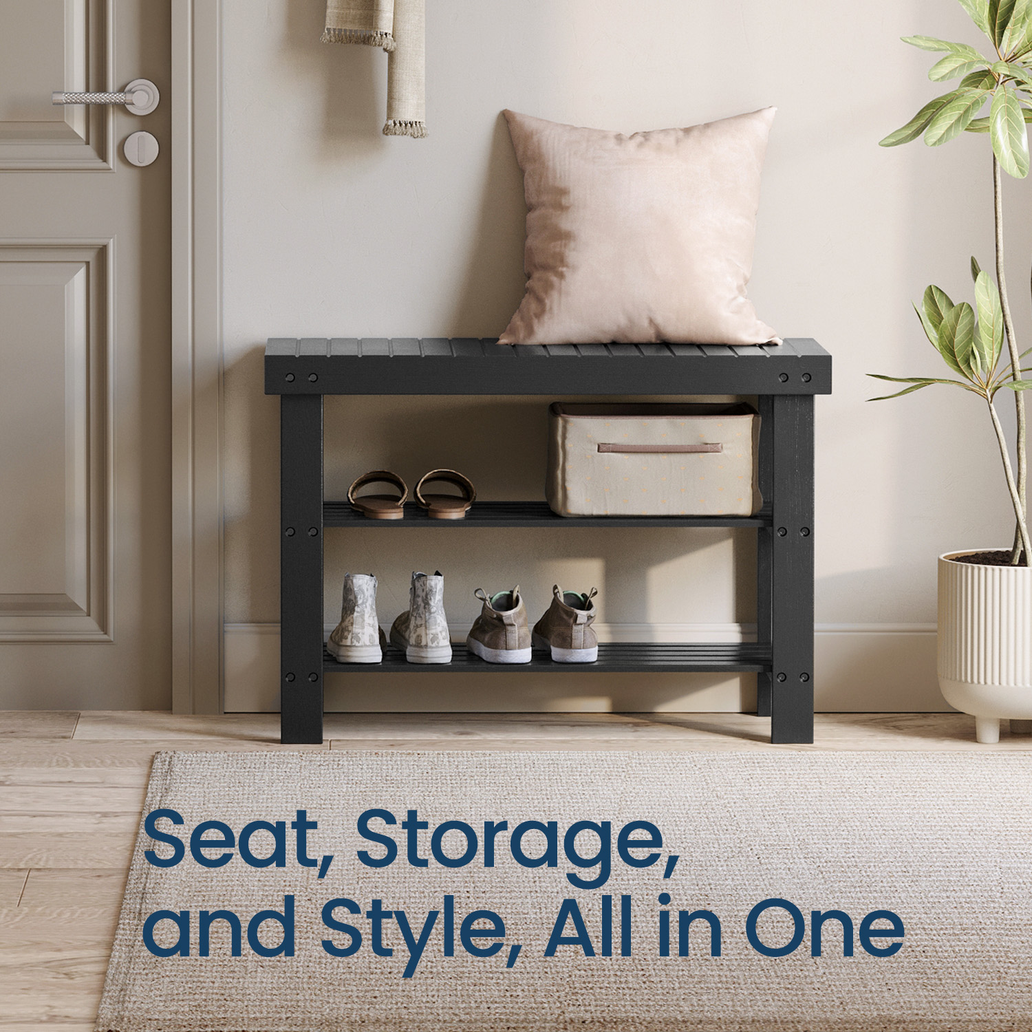 LEDREM 3-Tier Bamboo Shoe Rack Bench , Entryway Storage Organizer with 2 Shelves , Multi-Purpose Hallway Seat & Shelf , Holds 286lb , Easy Assembly , Ink Black