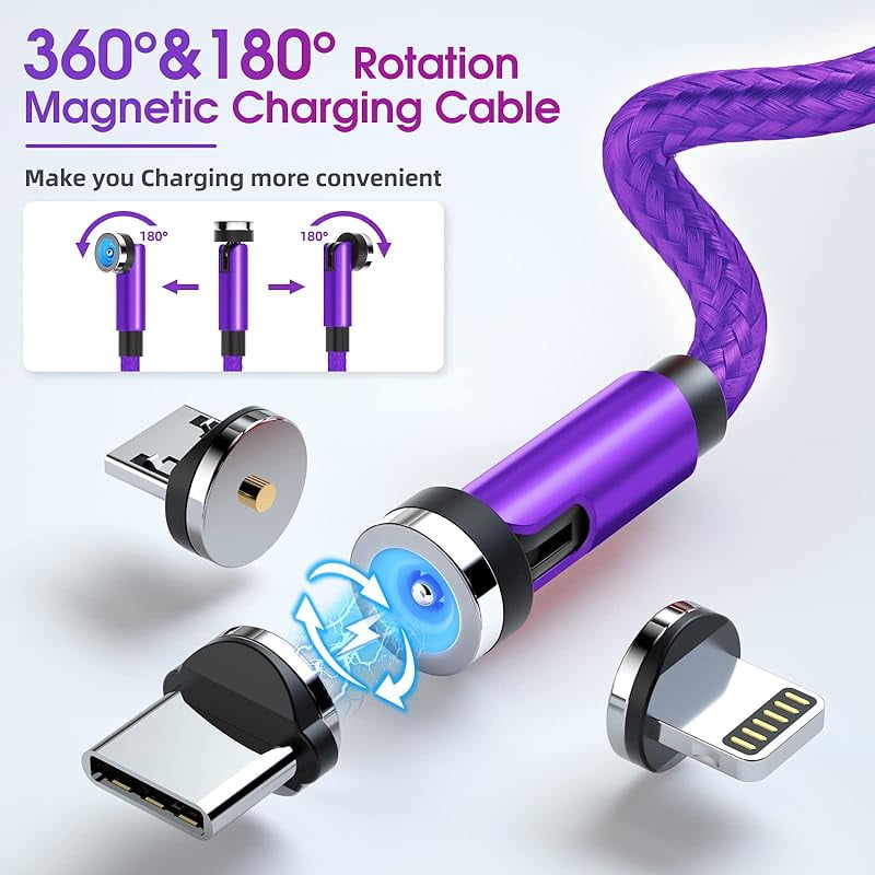 Magnetic charging cable 540 ° rotating magnetic phone charger [6-pack, 3ft/3ft/3ft/6ft/6ft/10ft] 3 in 1 magnetic charger cable nylon braided magnetic USB cable for I-P/Micro USB/Type C device