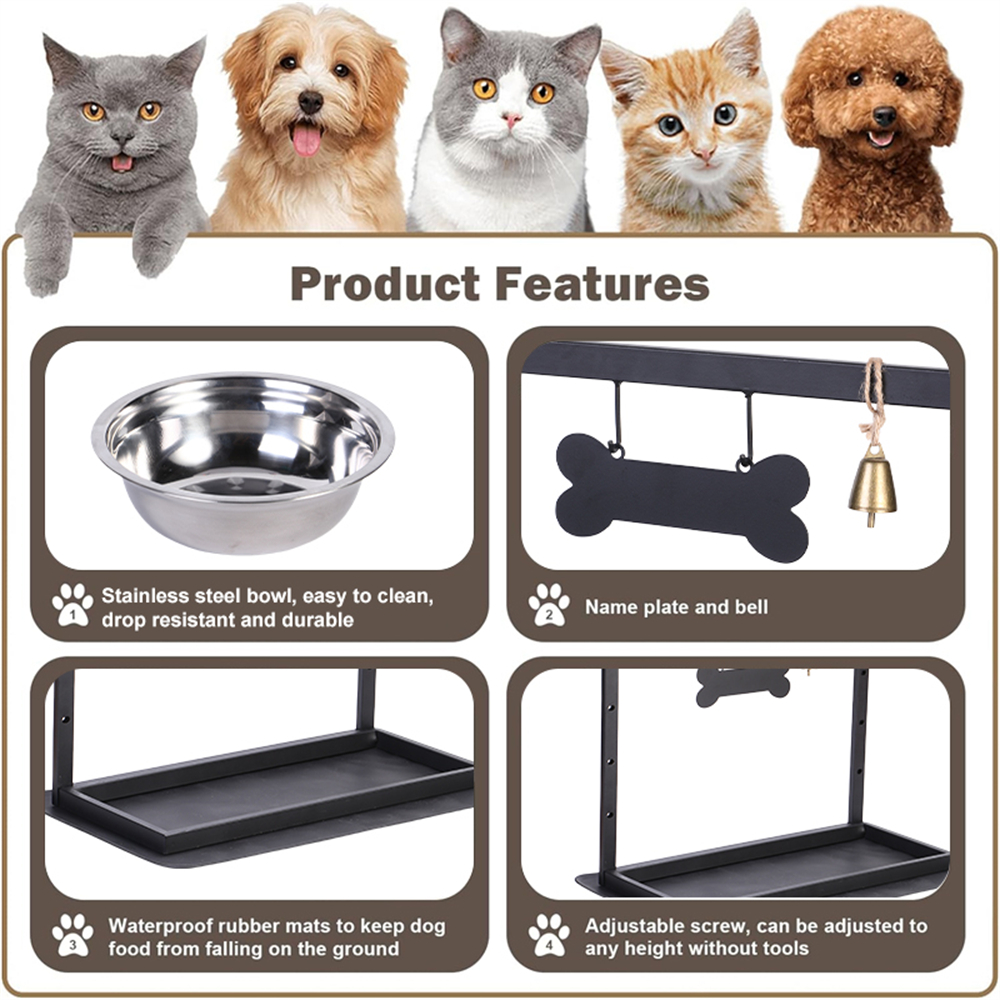 Double Bowl Stainless Steel Pet Bowl Stand For Cats And Dogs Metal Feeder With Mat And Bell Food And Water Bowls For Pets