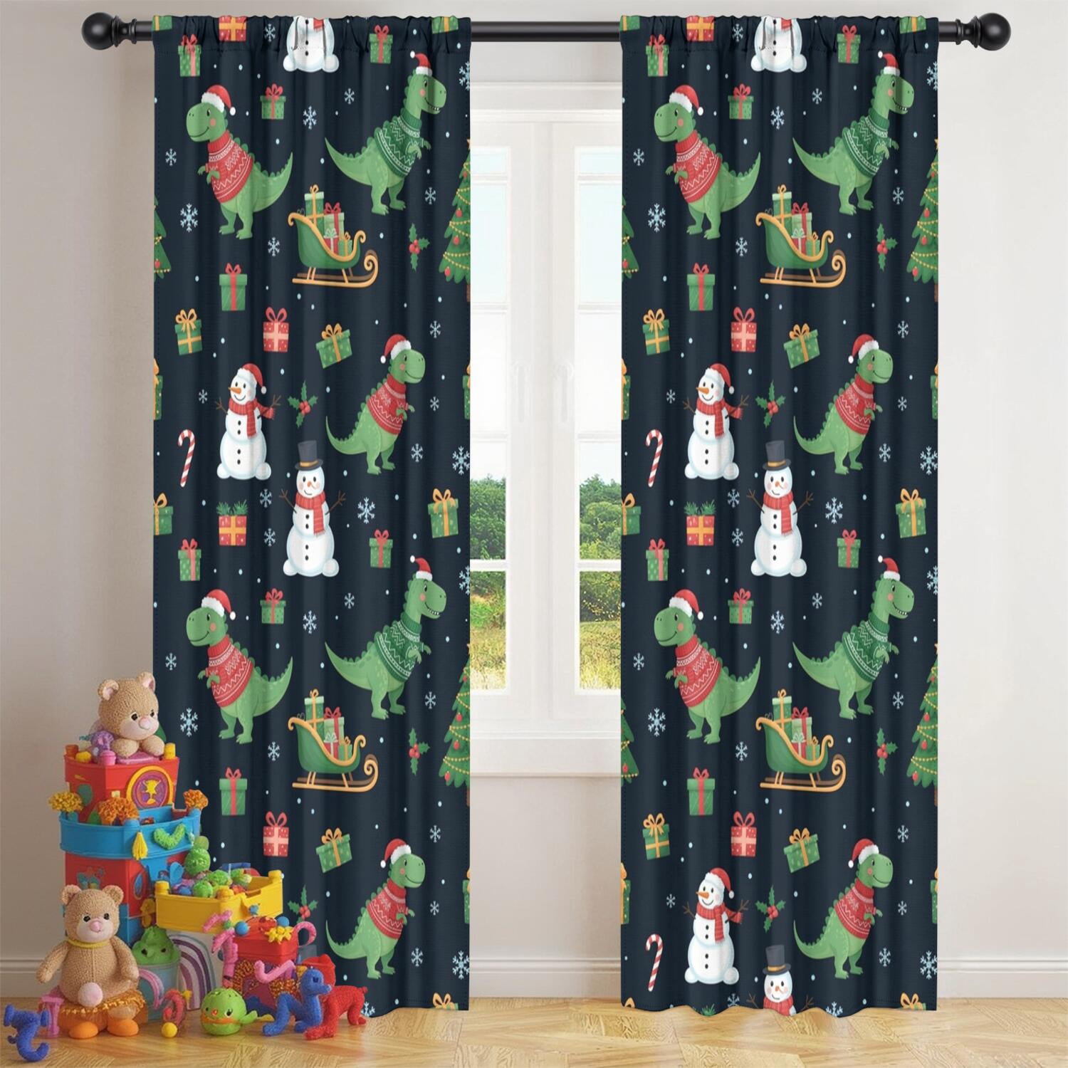Blackout Kids Curtains,Christmas Dinosaur Pattern Childrens Insulated Curtains Set Of 2,Bedroom Essentials,Toddler Room Decor 42"x84"