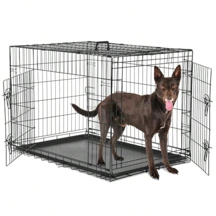 Large Dog Crate with Divider Panel 36 Inch Double Door Folding Metal Wire Dog Cage with Plastic Leak-Proof Pan Tray Pet Kennel for Indoor Outdoor Travel 36S