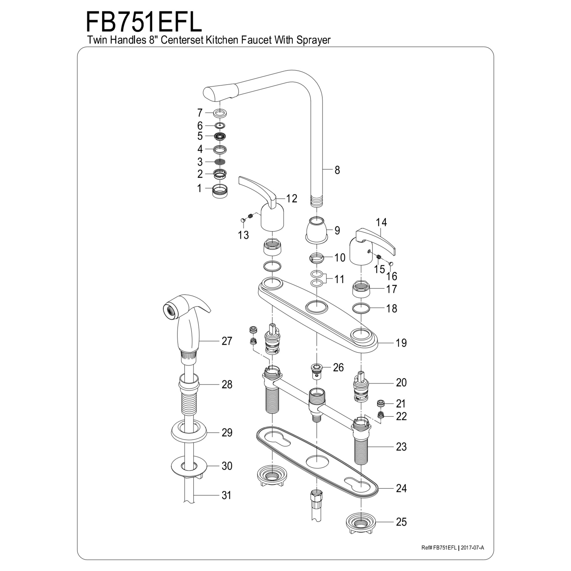 Kingston FB751EFL Centurion Two-Handle 4-Hole 8" Centerset Kitchen Faucet with Side Sprayer in Polished Chrome
