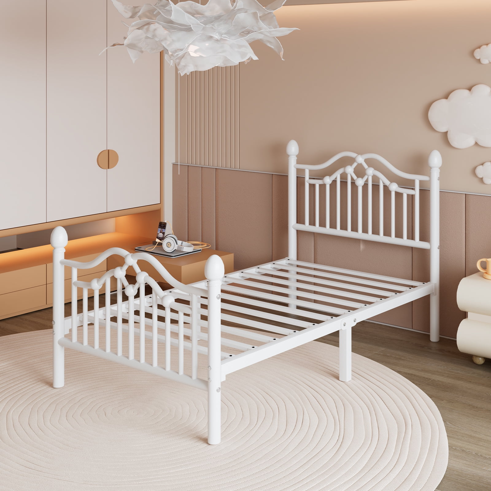 EBERY Twin Metal Platform Bed Frame with Headboard and Footboard, Sturdy Steel Slat Support, Easy Assembly, White