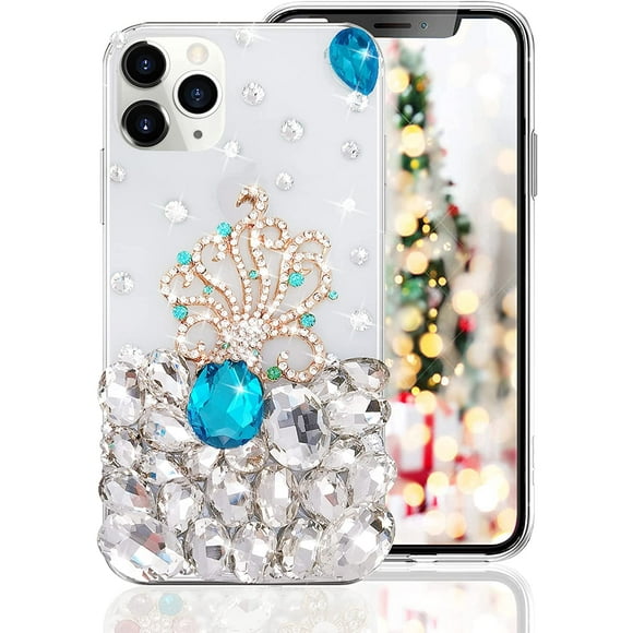 for iPhone 11 Pro Bling Diamond Case for Women Cute 3D Octopus Rhinestone Crystal Shiny Sparkle Handmade Gemstone Protective Cover Luxury Fashion Glitter Case for iPhone 12 5.8 inch Blue