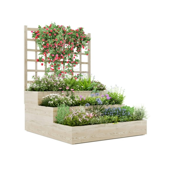 Jardinière Verticale à 3 Niveaux – Bac Surélevé en Bois avec Treillis – Base de Drainage Ouverte – Plantes Grimpantes, Légumes, Fines Herbes et Fleurs – Usage Extérieur – Bois Naturel