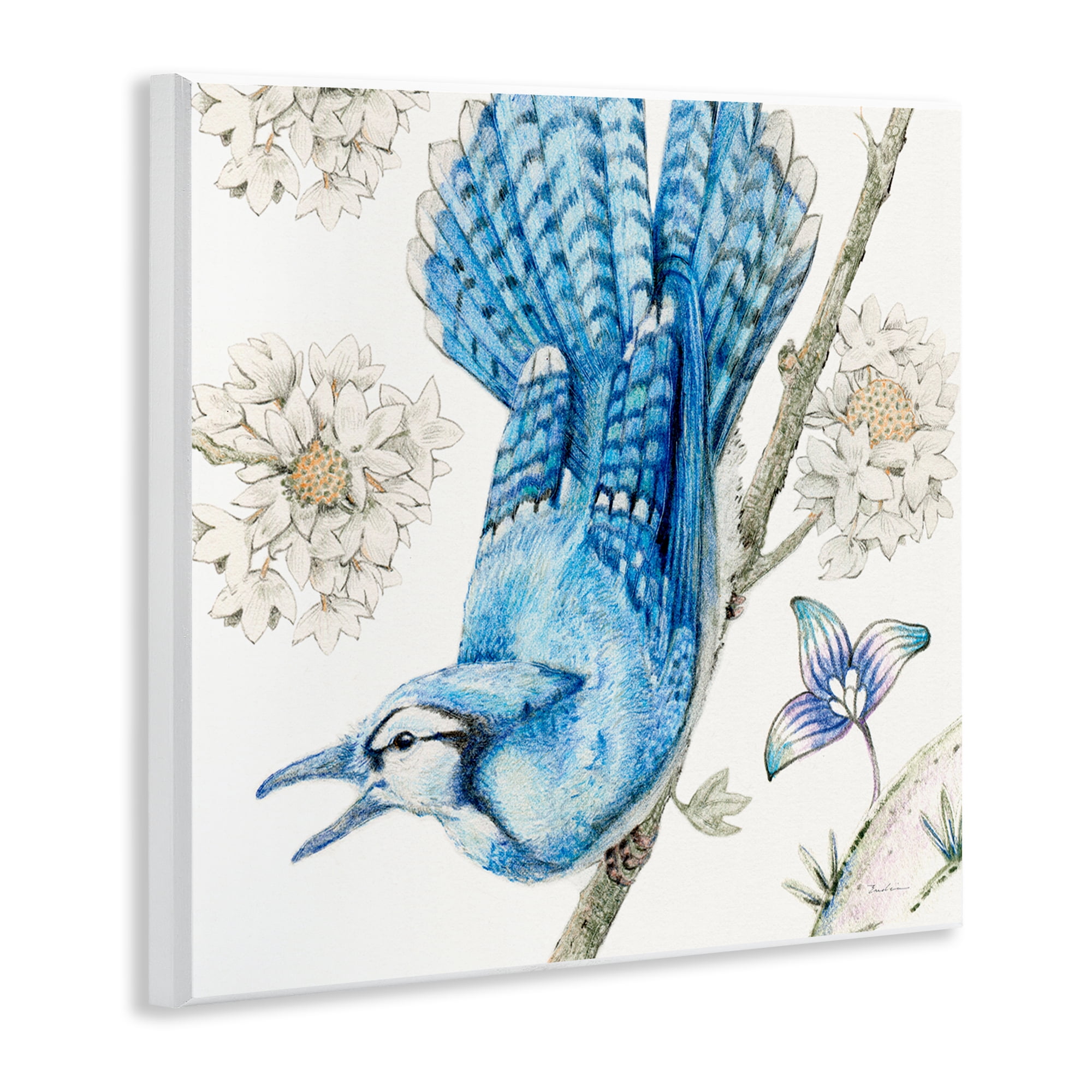 Stupell Industries Blue Jay Perched Florals Animals Painting Unframed Art Print Wall Art, 12 x 12