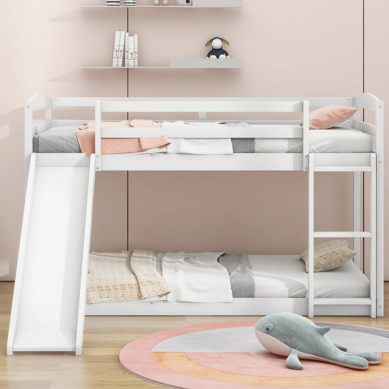 Euroco Twin over Twin Low Bunk Bed with Slide and Ladder for Kids