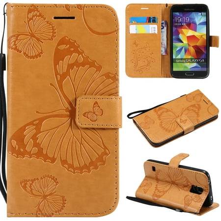 S5 Case, Samsung Galaxy S5 Case - Allytech Premium Wallet PU Leather with Fashion Embossed Floral Butterfly Magnetic Clasp Card Holders Flip Cover with Hand Strap,