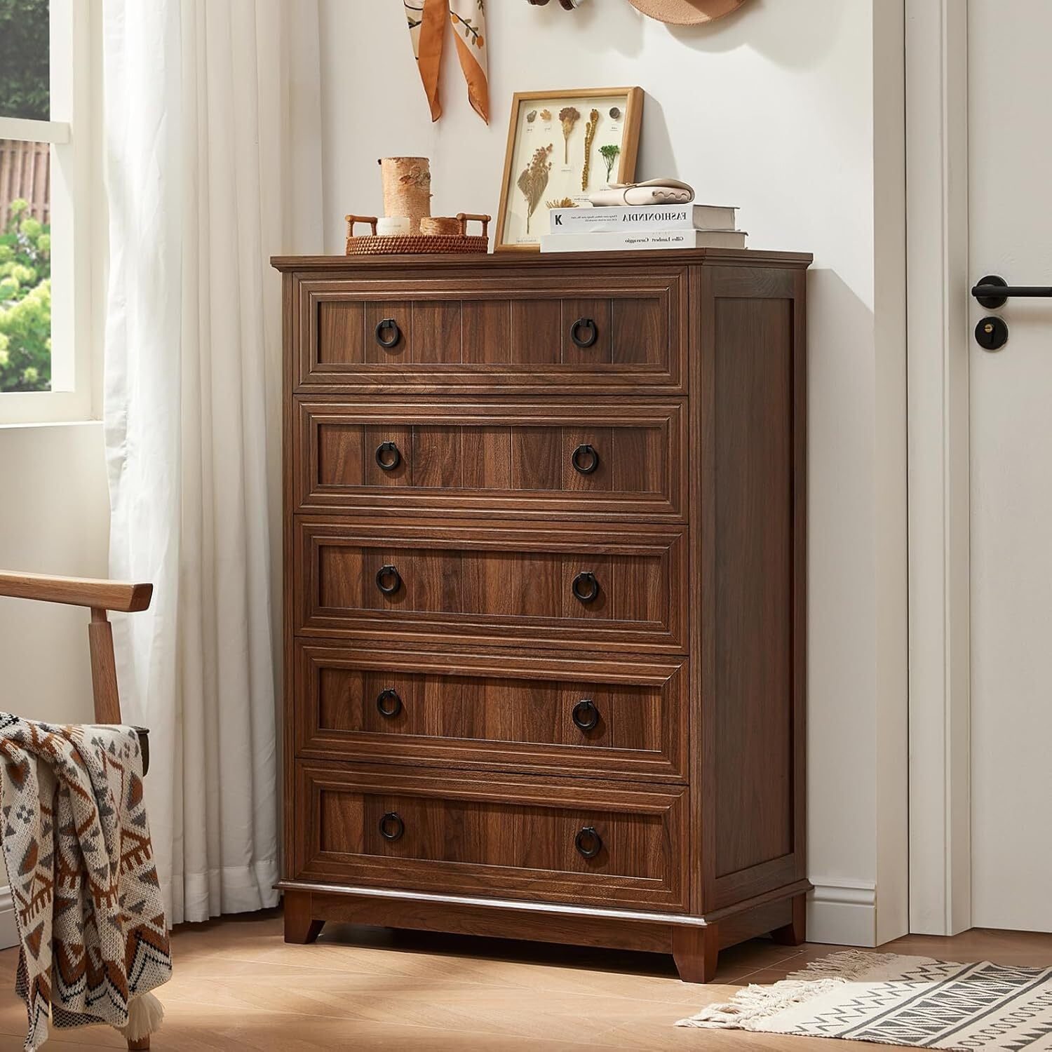 Farmhouse Dresser for Bedroom Set of 2, Modern Wooden 5 Drawer Tall Dresser, Chest of Drawers, Storage Cabine Living Room Hallway, Brown