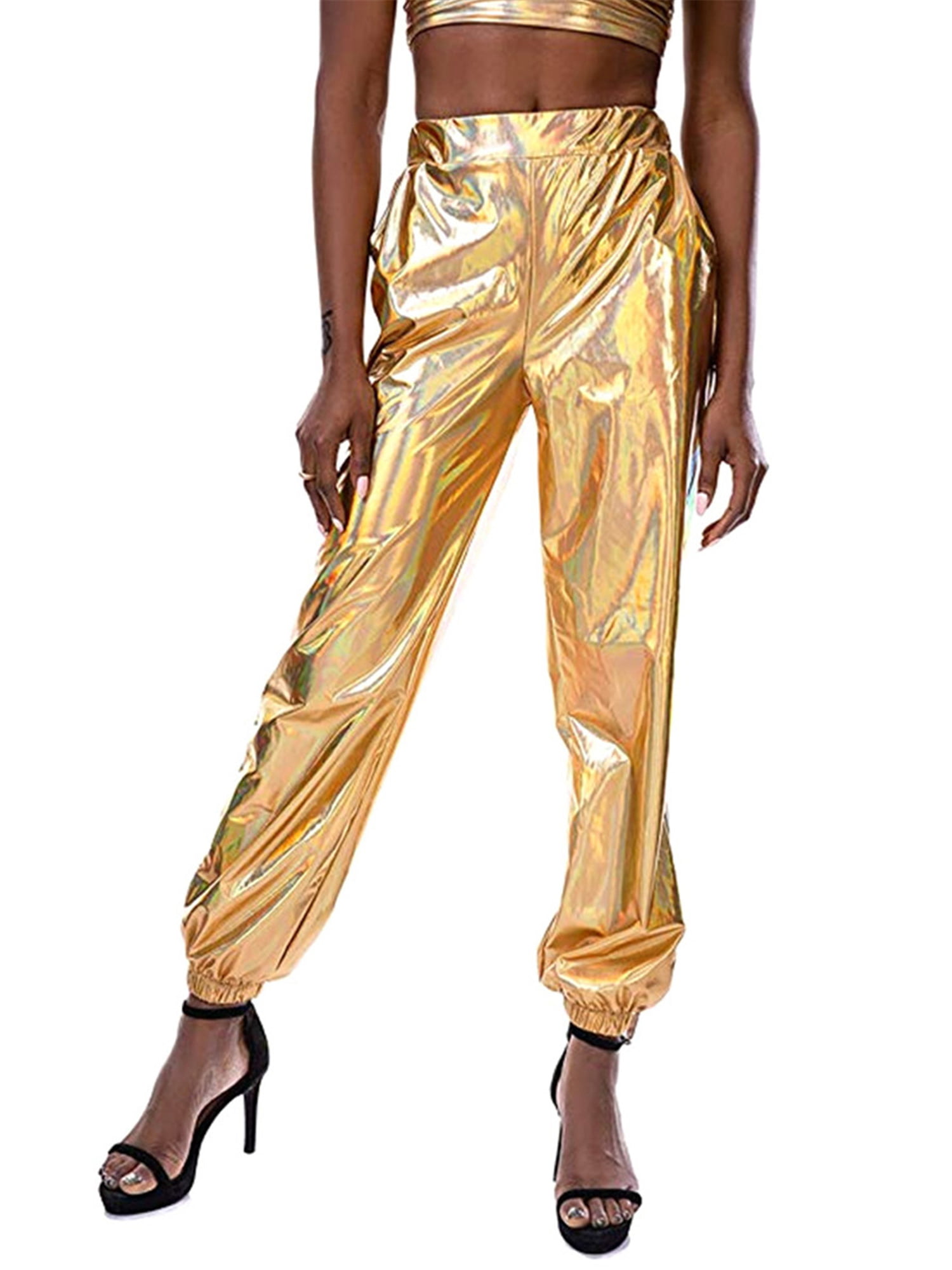 Zaxicht Women's Metallic Shinny Pants Casual Holographic Jogger Sweatpants Punk Hip Hop Trousers Streetwear 