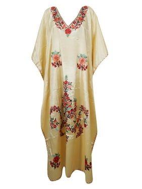 Mogul Women Kaftan Maxi Dress Beige Embroidered Boho Maxi Caftan Comfortable Ladies Wear Kaftans