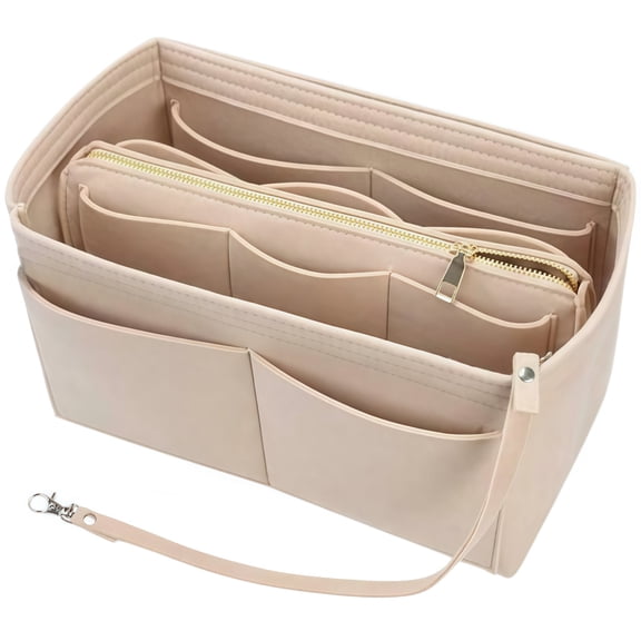 Felt Interior Cosmetic Organizer Bag Khaki Color Medium Size Multi-Purpose Storage