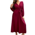 thumbnail image 2 of Brilliant Dresses for Women Plus Size Elegant Women's Spring Summer Solid Color V-Neck Pleated Dress Long Skirt Red S, 2 of 5