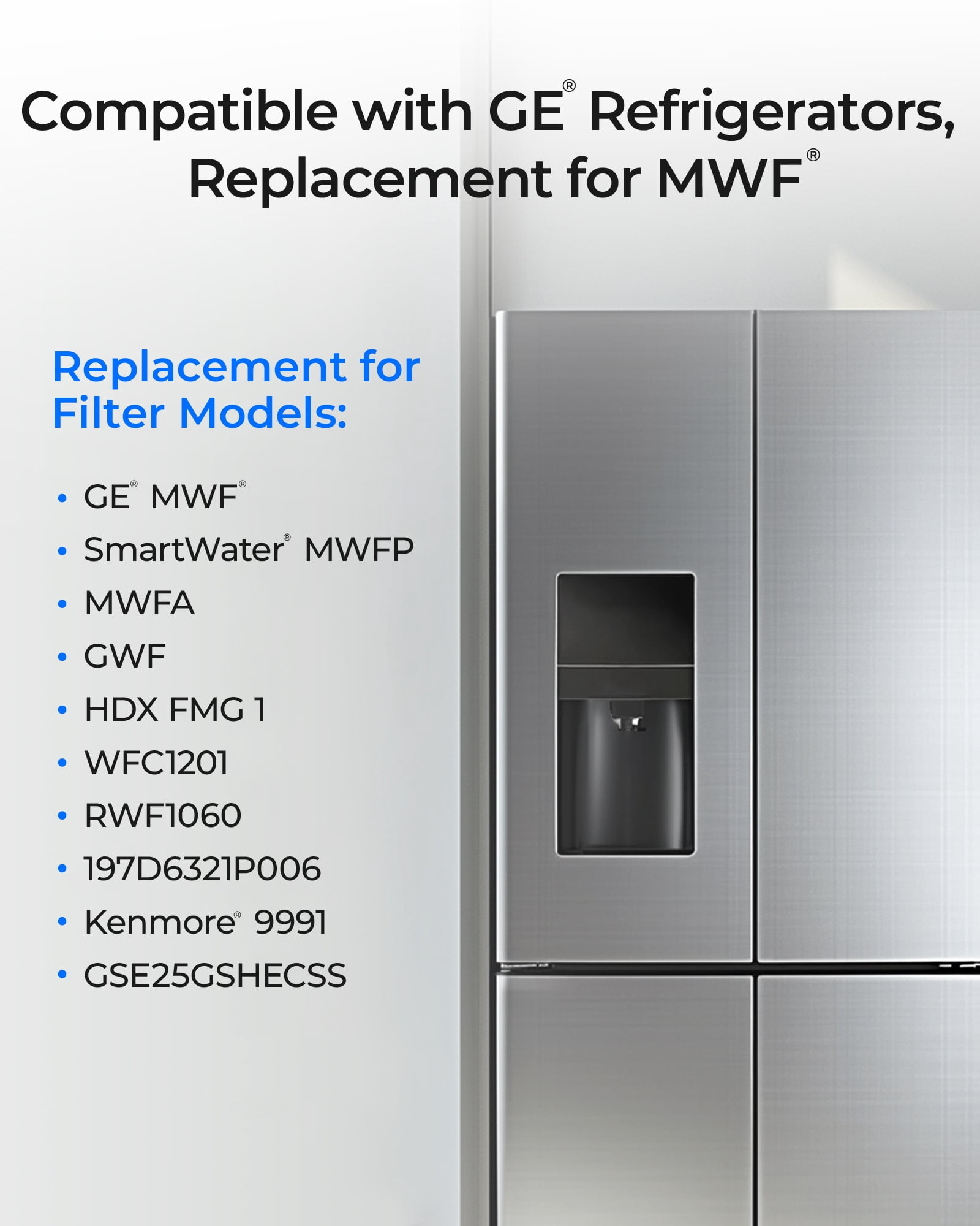 Waterdrop WD-F13 Replacement for GE® MWF®, SmartWater® MWFP, MWFINT, MWFA, GWF, HDX FMG-1, Kenmore® 9991, GSE25GSHECSS, WFC1201 Water Filter, 3 Pack