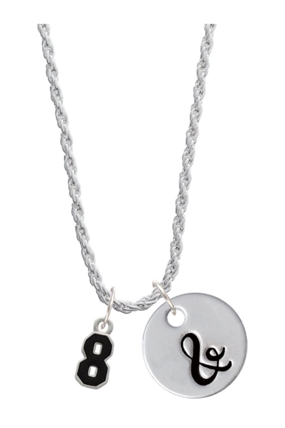 Silvertone Black Number - 8 Silvertone Script Initial Disc - & - Charm Necklace, 20"+3"