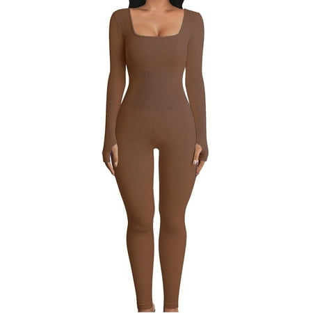 

Women Ribbed Knit Jumpsuit Long Sleeve Square Neck Bodycon Romper Casual Solid Color One Piece Bodysuit