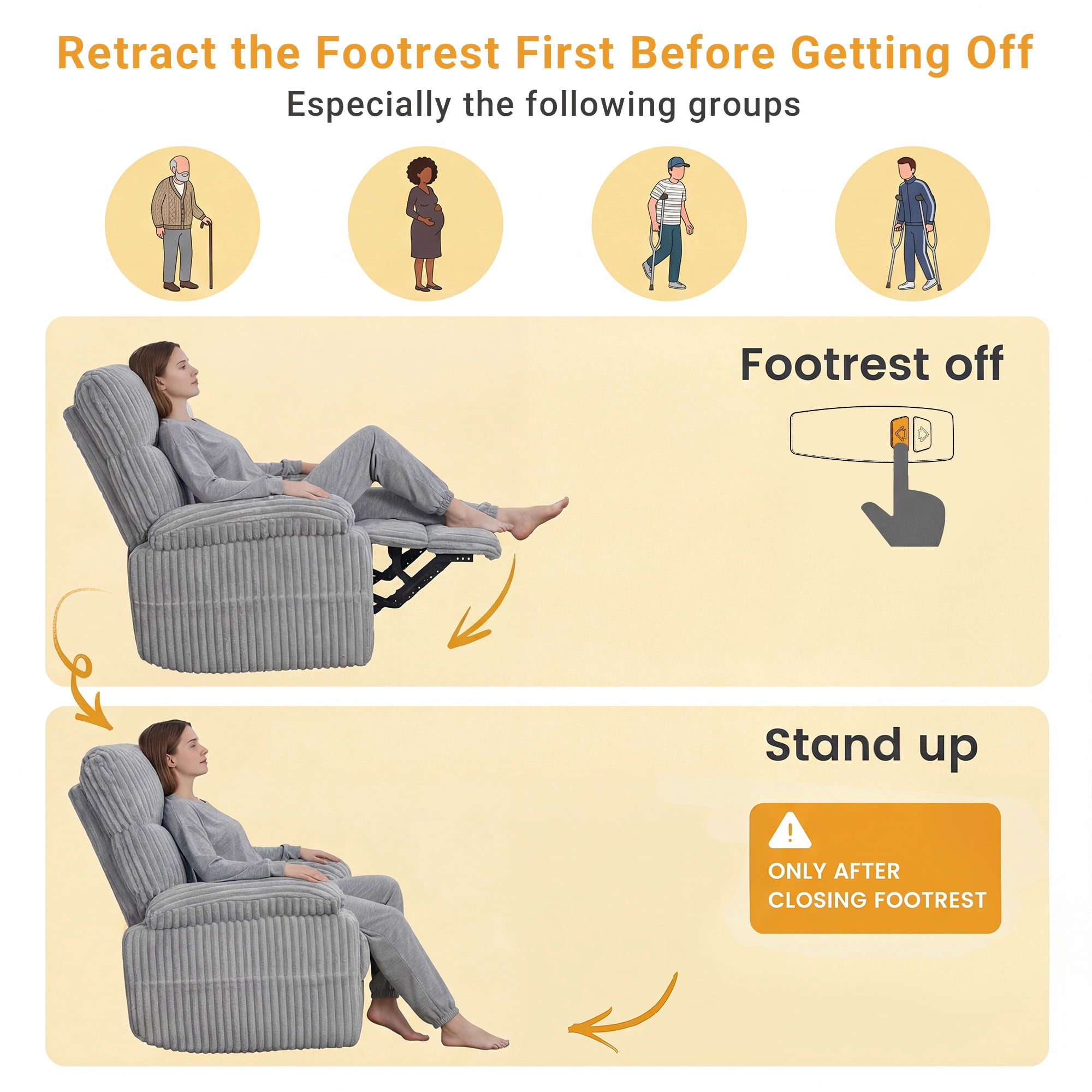 INNOVAR Recliner Sofa for Adults, Zero Gravity Reclining Chair, Oversized Electric Recliners Elderly Chair W/Storage Pockets for Home Living Room,Corduroy,Grey
