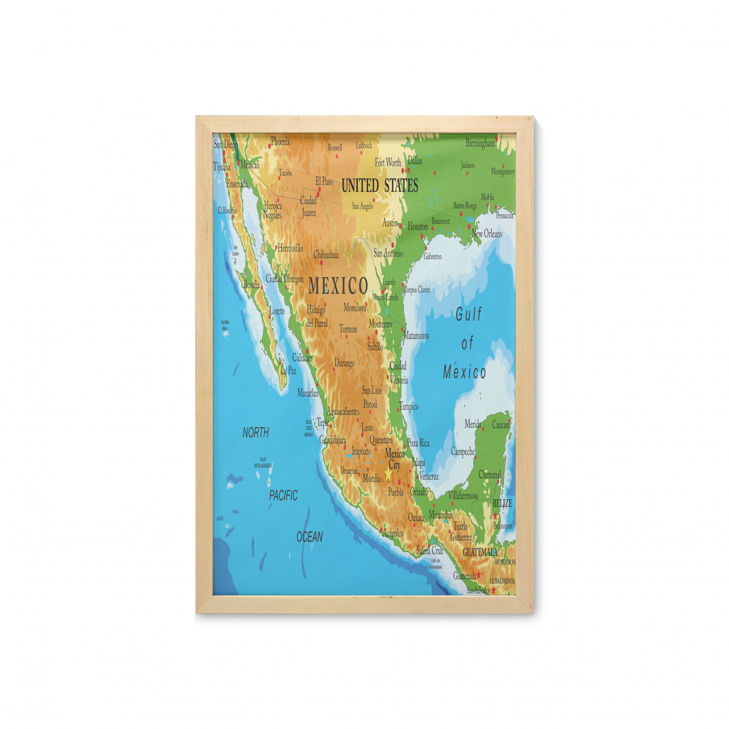 Cacun Wall Art with Frame, Detailed Educational Map of Mexico with all Cities and Oceans Around, Printed Fabric Poster for Bathroom Living Room, 23" x 35", Deep Sky Blue Multicolor, by Ambesonne - image 1 of 2