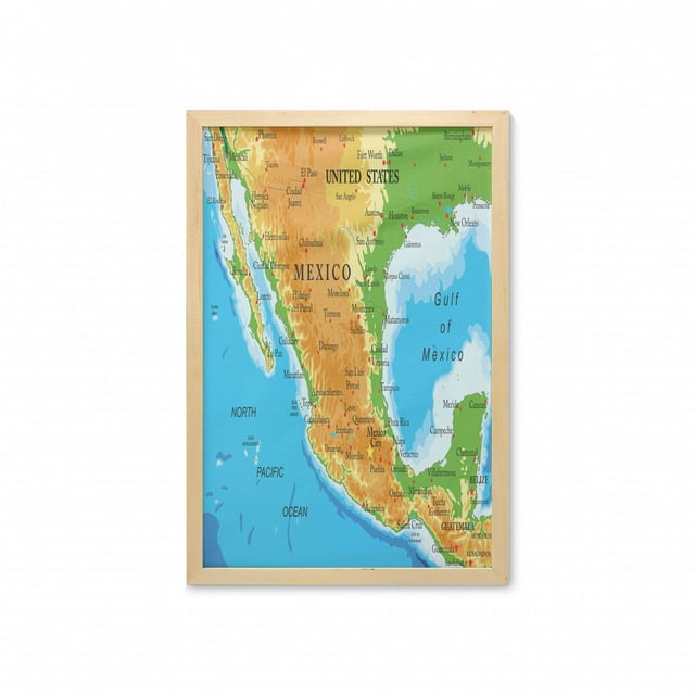Cacun Wall Art with Frame, Detailed Educational Map of Mexico with all Cities and Oceans Around, Printed Fabric Poster for Bathroom Living Room, 23" x 35", Deep Sky Blue Multicolor, by Ambesonne