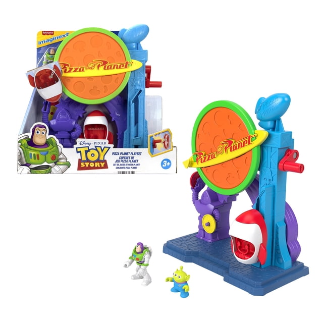 set de juego mattel pixar pizza planet con buzz y alien. Escenario multicolor estilo Pizza Planet con disco naranja y letrero amarillo 'Pizza Planet', torre azul con lanzador rojo, base texturizada azul y cabina blanca y roja. Incluye figura articulada de Buzz Lightyear y figura alien verde; tamaño pensado para manos pequeñas y compatible con otros juguetes Imaginext.
