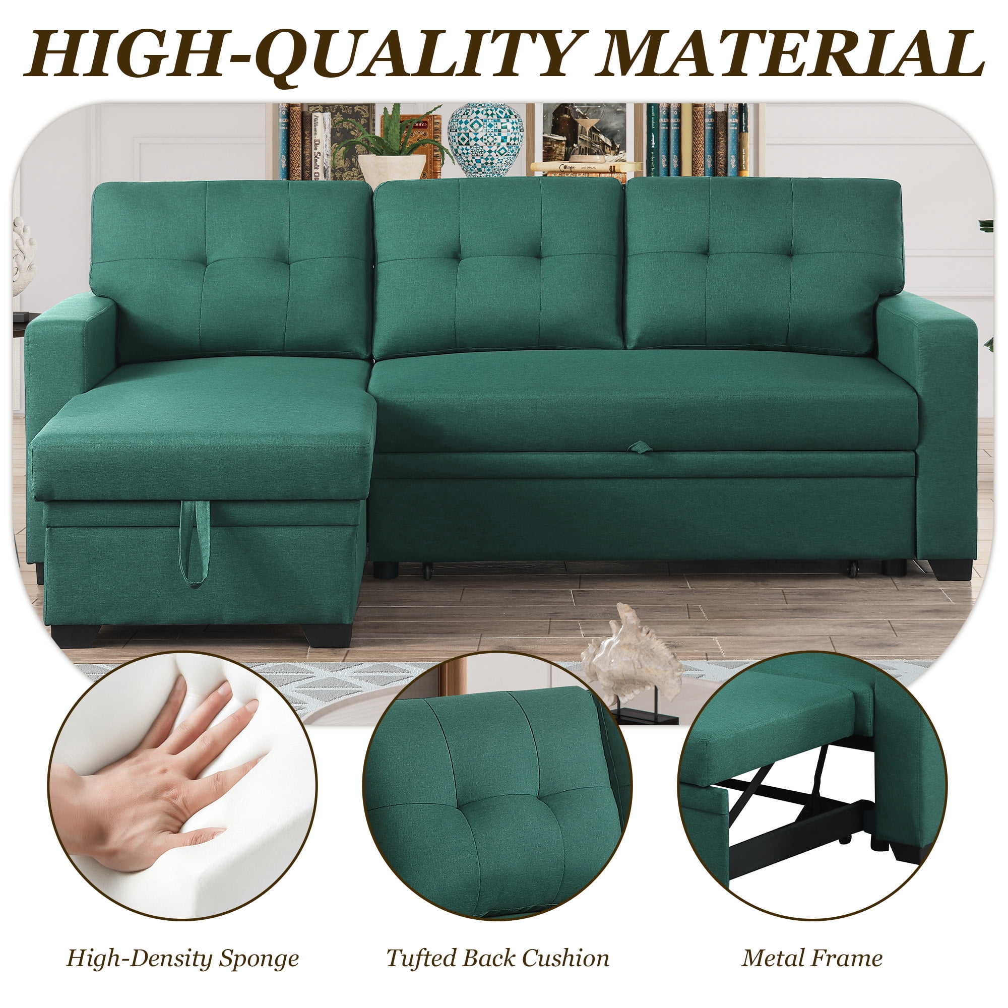 MOONMISS Sectional Sofa Bed with Storage and Soft Seat ,Reversible Pull Out Couch for Living Room,Green