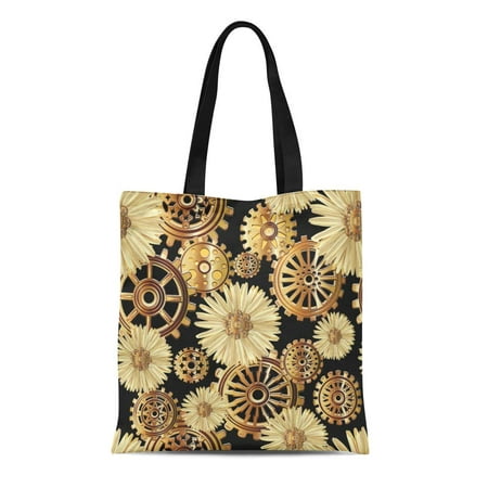 LADDKE Canvas Tote Bag Colorful Chamomile Flower and Gears in the of Steampunk Durable Reusable Shopping Shoulder Grocery Bag